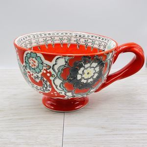 Anthropologie Elka Ayaka Boho Red Coffee Tea Cup Mug White Floral Twisted Handle